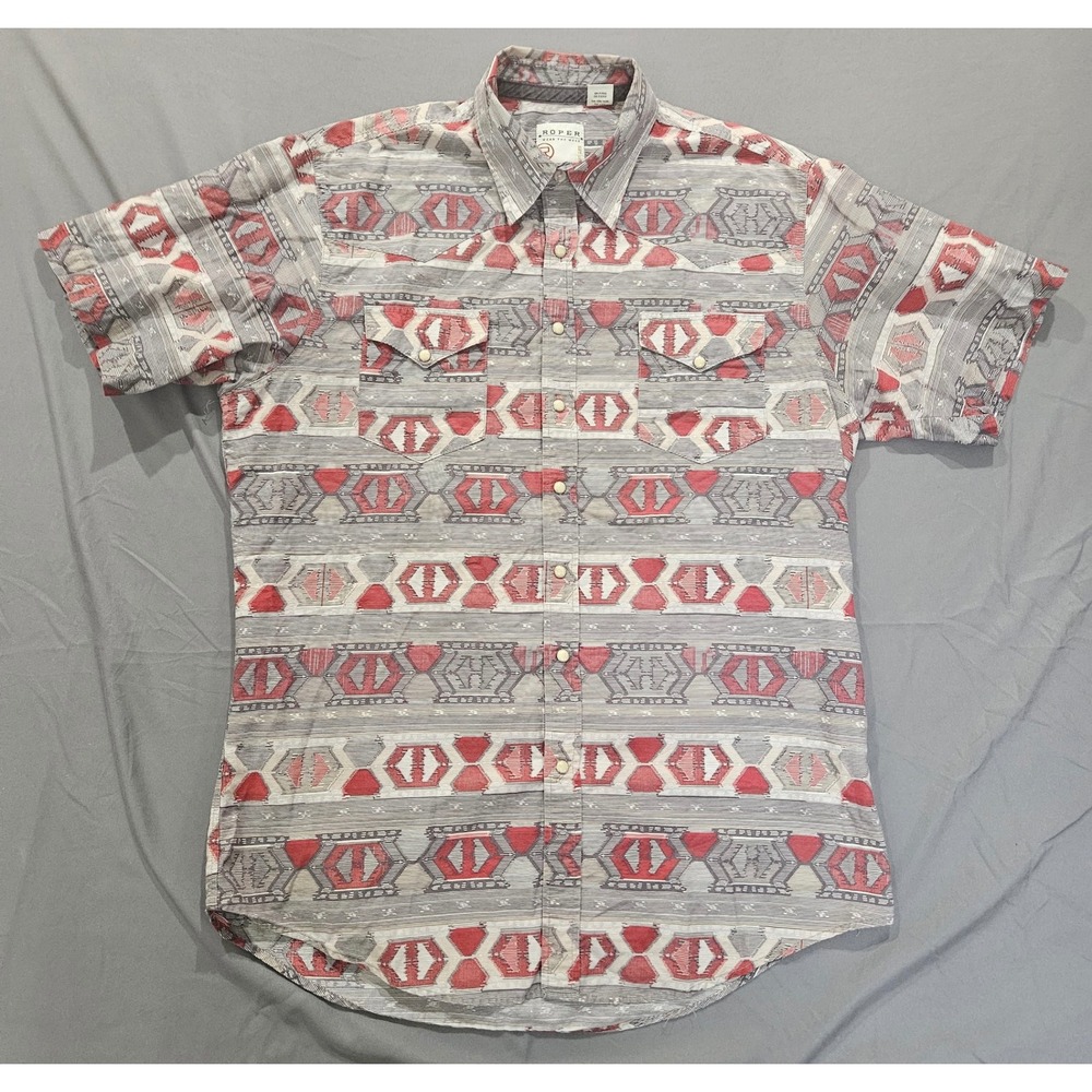 Roper Western Shirt Mens XL Grey Red Tribal Pearl Snap Short Sleeve 03-002